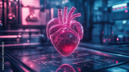 Glowing holographic heart in a futuristic laboratory, symbolizing medical technology, AI, and biotechnology innovation. Sci-fi cybernetic health concept.