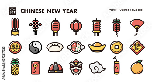 Chinese new year illustration icon set.Simple vector outlines, clipart for graphic design.