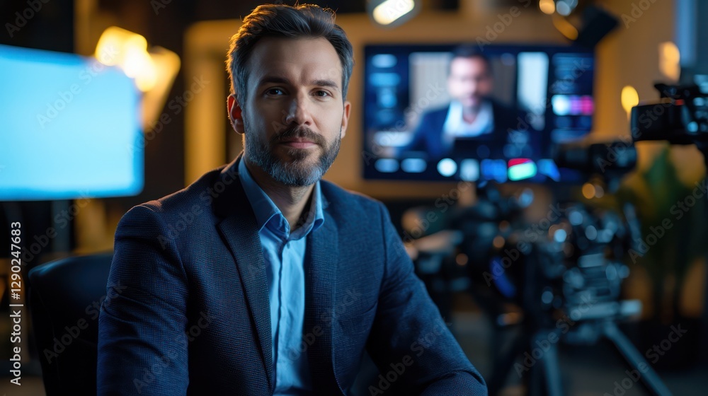 Confident Male Presenter in a Professional Studio Setting Confident Male Presenter in a Professional Studio Setting