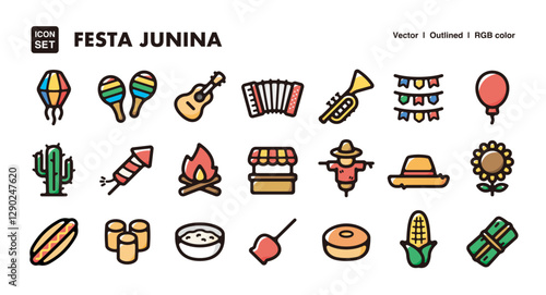 Festa Junina illustration icon set.Simple vector outlines, clipart for graphic design.