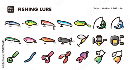 Fishing lure illustration icon set.Simple vector outlines, clipart for graphic design.
