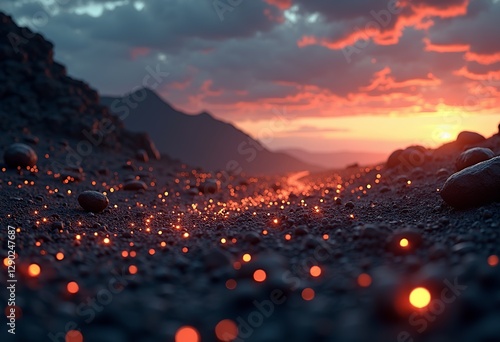 Evening Light on a Meteorite Field: Ground View Capturing Glowing Crystals, Distant Meteorites, and Volcanic Terrain with DSLR Precision and Shallow Depth of Field.

