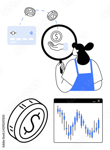 Woman examining financial information through magnifying glass, coins, credit card, market chart. Ideal for banking, finance, investments, budgeting, digital transactions financial analysis market