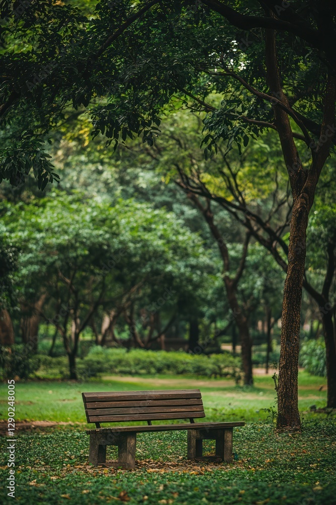 Serene park bench surrounded by lush greenery Serene park bench surrounded by lush greenery
