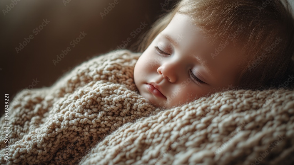 Dreamland: A close-up shot of a peacefully sleeping toddler nestled in a cozy, knitted blanket, with soft light illuminating their serene face. Dreamland: A close-up shot of a peacefully sleeping toddler nestled in a cozy, knitted blanket, with soft light illuminating their serene face.
