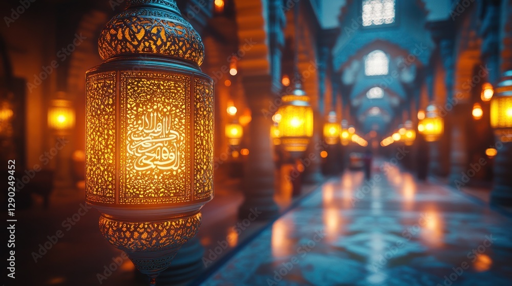 Ornate lanterns illuminate a mosque hallway Ornate lanterns illuminate a mosque hallway