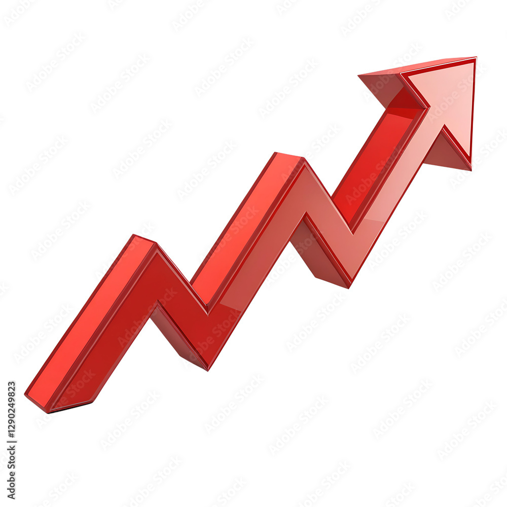 Zigzagging red arrow pointing upward - representing rising trends and progress, cut out and isolated on a white and transparent background ideal for business visuals Zigzagging red arrow pointing upward - representing rising trends and progress, cut out and isolated on a white and transparent background ideal for business visuals