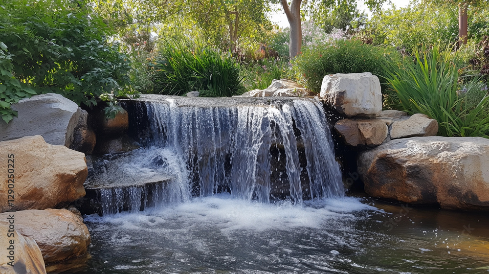 Naklejka premium A small, decorative waterfall is surrounded by rocks and green plants