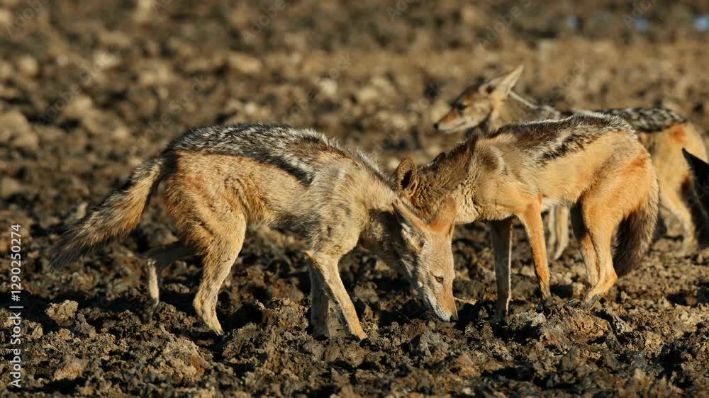 A pair of black-backed jackals (Canis mesomelas) in a muddy waterhole, Kalahari desert, South Africa A pair of black-backed jackals (Canis mesomelas) in a muddy waterhole, Kalahari desert, South Africa