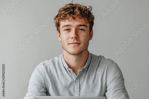 Wallpaper Mural Detailed and sharp image of a modern young business leader in a smart shirt, looking at the camera with confidence while holding a laptop on a white background, ready for use in presentations Torontodigital.ca