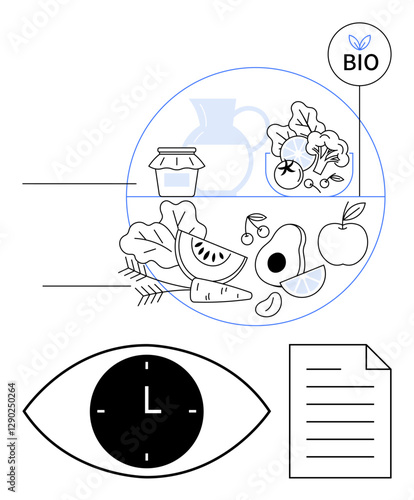 Organic vegetables, fruits, and food items in a circle, clock in an eye symbolizing time, document for diet planning. Ideal for health awareness, meal prep, wellness, sustainability eco-living