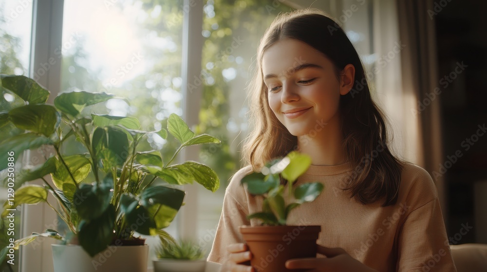 Happy woman tending to her lush plants, embracing nature in a stylish home setting Happy woman tending to her lush plants, embracing nature in a stylish home setting