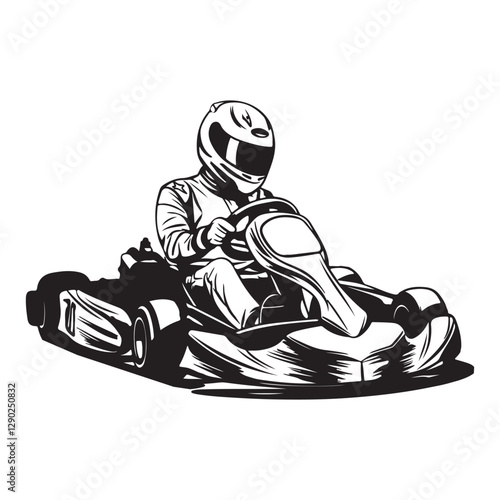 Go kart racing vector isolated. Monochrome go karting driver silhouette illustration