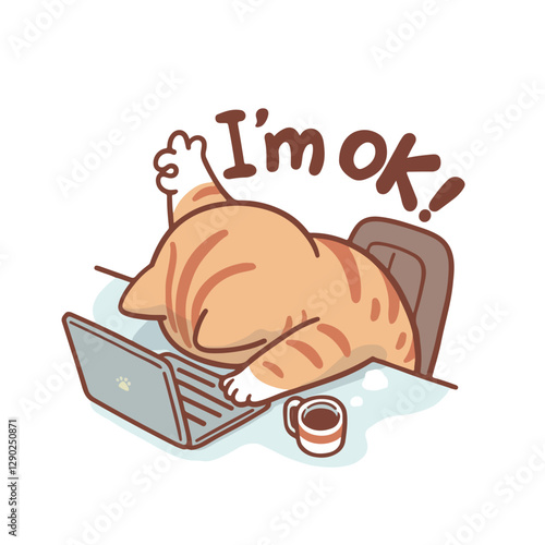 A tired orange cartoon cat slumps over a laptop, face down on the keyboard, with one paw giving a thumbs-up. Above it, the phrase "I'm OK!" humorously contradicts the exhausted posture.
