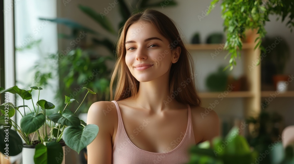 Smiling woman in a soft pink tank top caring for vibrant houseplants in natural light Smiling woman in a soft pink tank top caring for vibrant houseplants in natural light