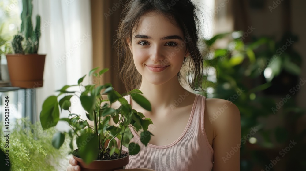 Bright mornings and greener days – A happy young woman waters her lush indoor plants in a sunlit modern hom Bright mornings and greener days – A happy young woman waters her lush indoor plants in a sunlit modern hom
