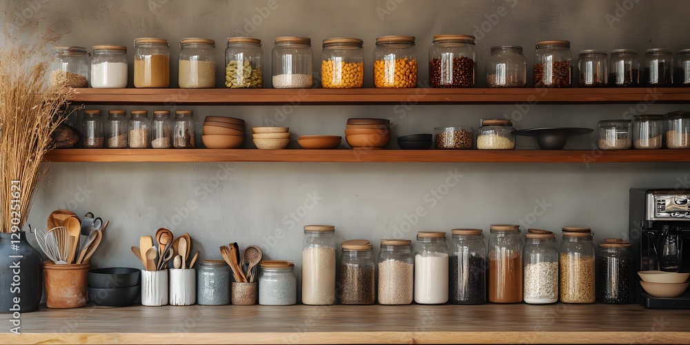 Organized Kitchen Pantry with Glass Jars and Wooden Utensils Organized Kitchen Pantry with Glass Jars and Wooden Utensils