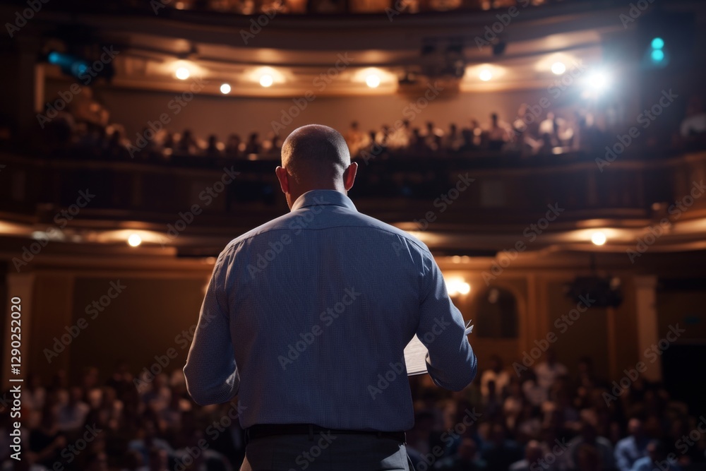 Business leader man standing in front of audience at dark conference hall Business leader man standing in front of audience at dark conference hall