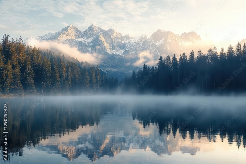 Fototapeta premium tranquil mountain lake at golden hour, mist rising from crystal-clear waters, majestic snow-capped peaks reflected perfectly, surrounded by pine forest