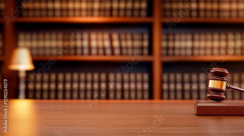 Wooden gavel resting on a polished table in a law library with bookshelves in the background