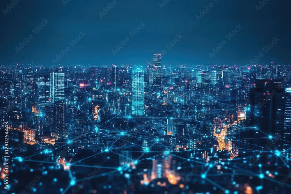 urban cityscape with glowing network connections overlay, data visualization concept, smart city technology urban cityscape with glowing network connections overlay, data visualization concept, smart city technology