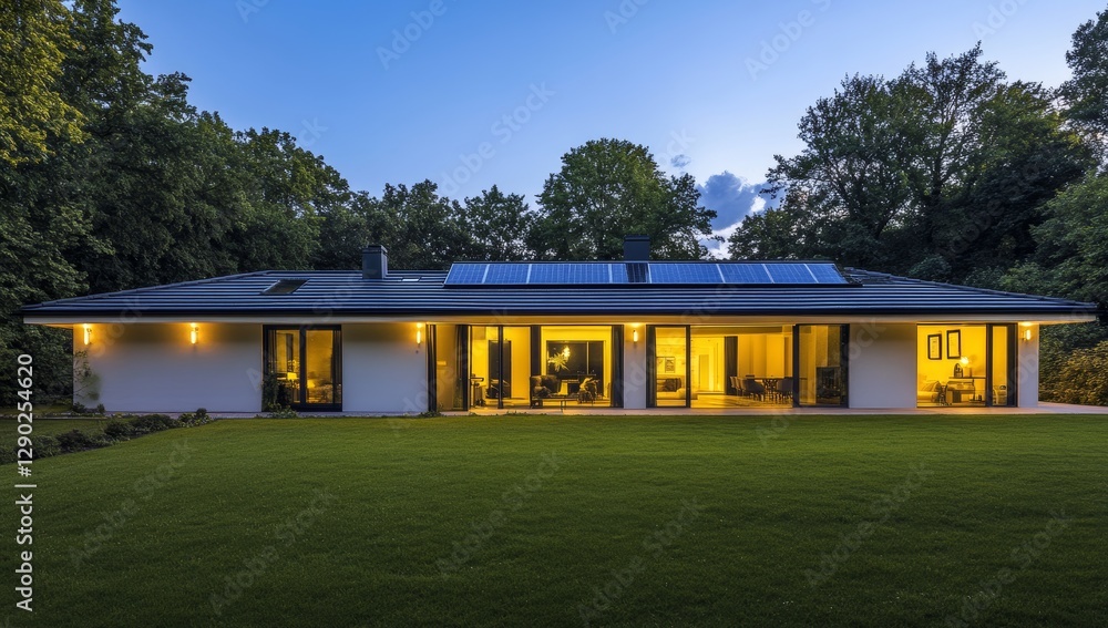Modern home evening, solar panels, garden, twilight Modern home evening, solar panels, garden, twilight