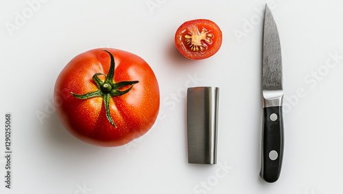 Whole and halved tomato, knife, and peeler on white background photo