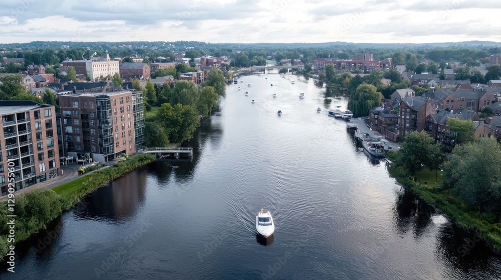 Obraz premium Aerial view of river flowing through town with modern buildings and boats. Potential use Stock photo for travel, real estate, or urban development