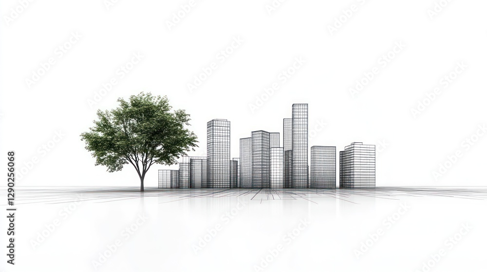 Urban skyline with tree in minimalist landscape Urban skyline with tree in minimalist landscape