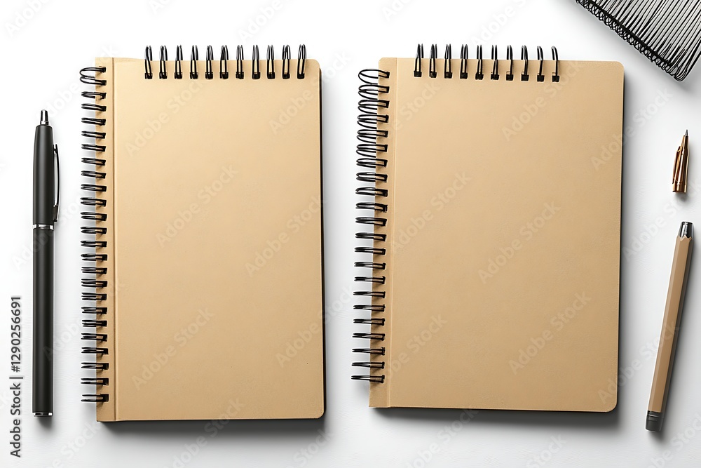 Blank notebooks, pens, workspace, white background Blank notebooks, pens, workspace, white background