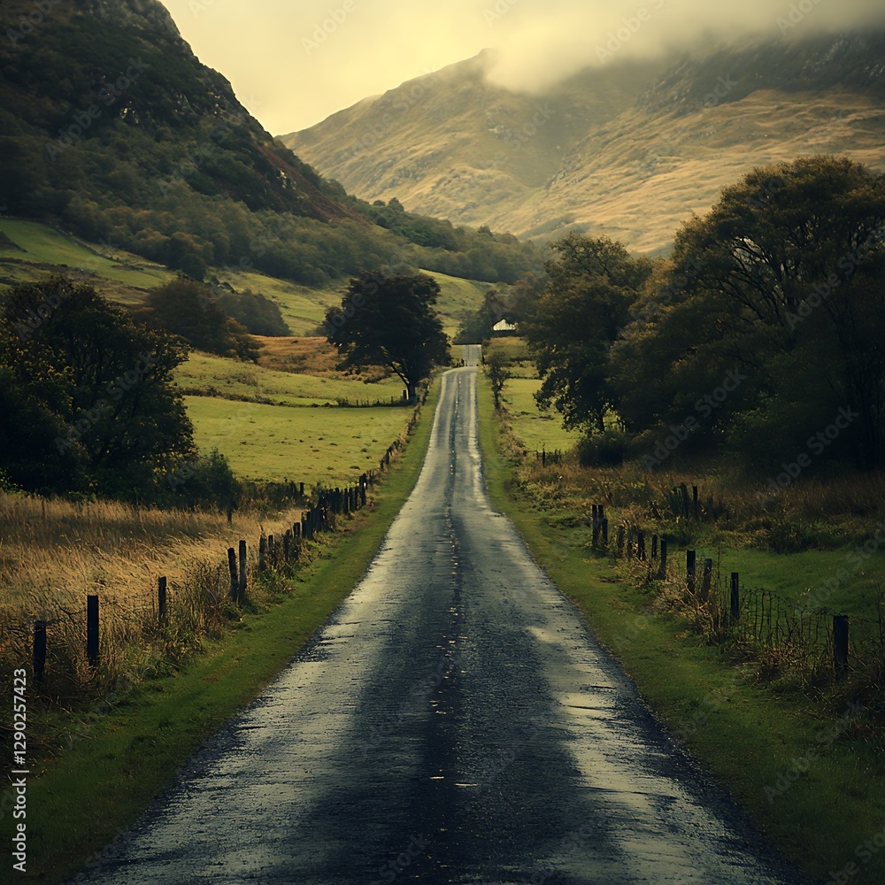 Fototapeta premium Scenic road, valley, autumn, misty mountains, travel