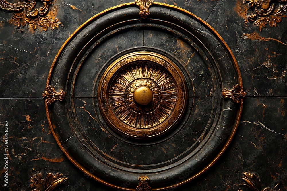 Fototapeta premium Gold ornate medallion, dark marble, interior design