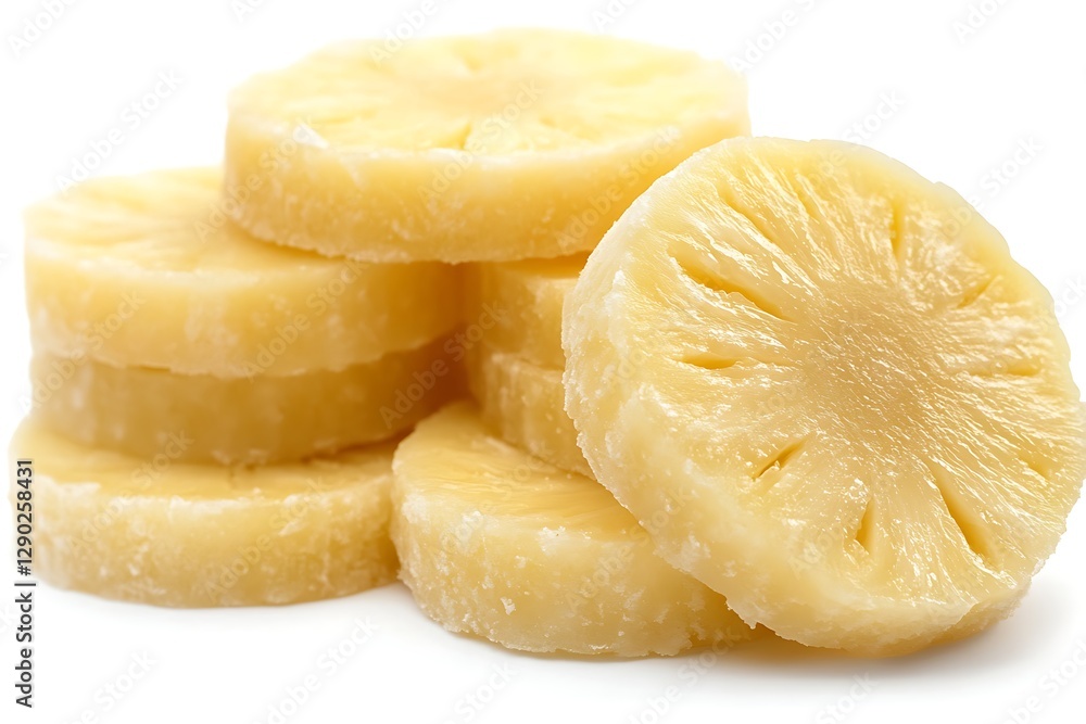 Canned pineapple slices stacked on white background Canned pineapple slices stacked on white background