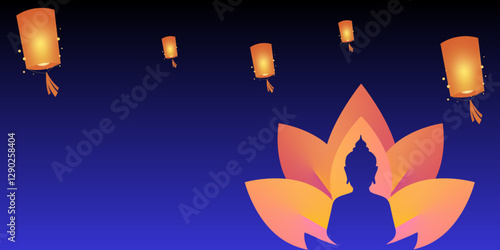 Vesak Day Creative Concept for Card or Banner. Illustration of Buddha silhouette, lampions and lotus. Buddha Purnima design background template