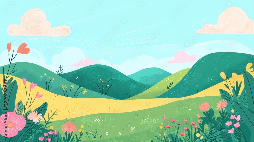 Fototapeta premium Colorful Landscape with Green Hills and Vibrant Flowers in Bloom