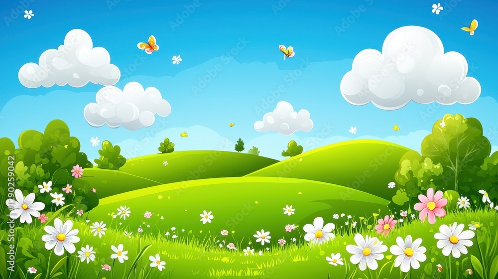 Fototapeta premium Peaceful Spring Landscape with Green Hills, Clouds, and Butterflies