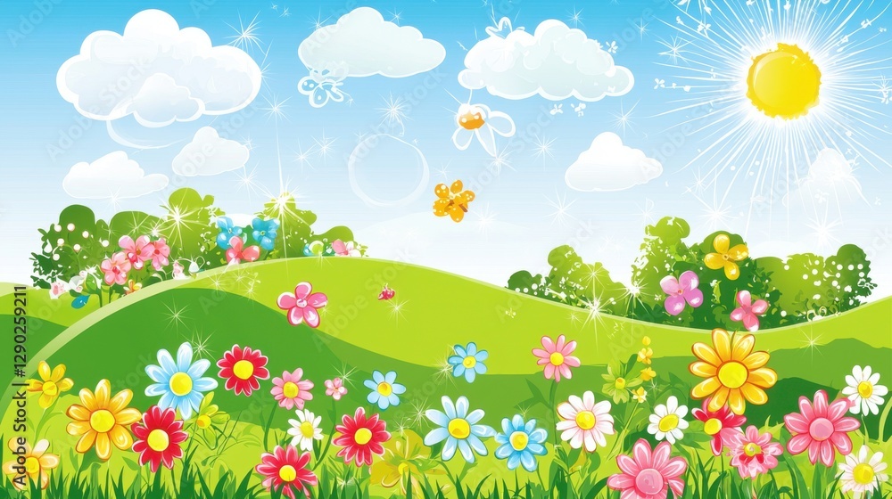 Colorful Flower Field Under Bright Blue Sky With Sunny Weather Colorful Flower Field Under Bright Blue Sky With Sunny Weather