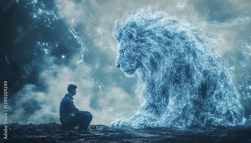 Obraz premium Man facing ice lion, fantasy landscape
