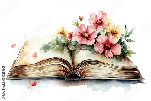 Open book with flowers, watercolor illustration
