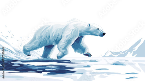 Digital painting of a polar bear walking across a melting icy landscape. The bear is depicted in shades of white and light blue, rendered with a painterly style that emphasizes texture and