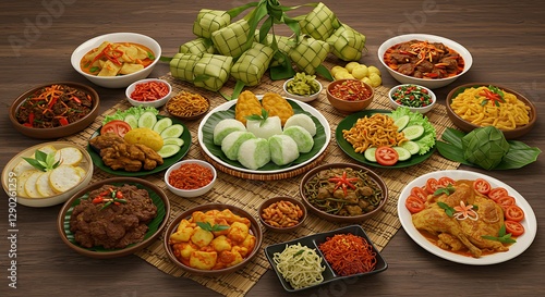 Indonesian Festive Cuisine Display Featuring Ketupat and Varied Dishes photo