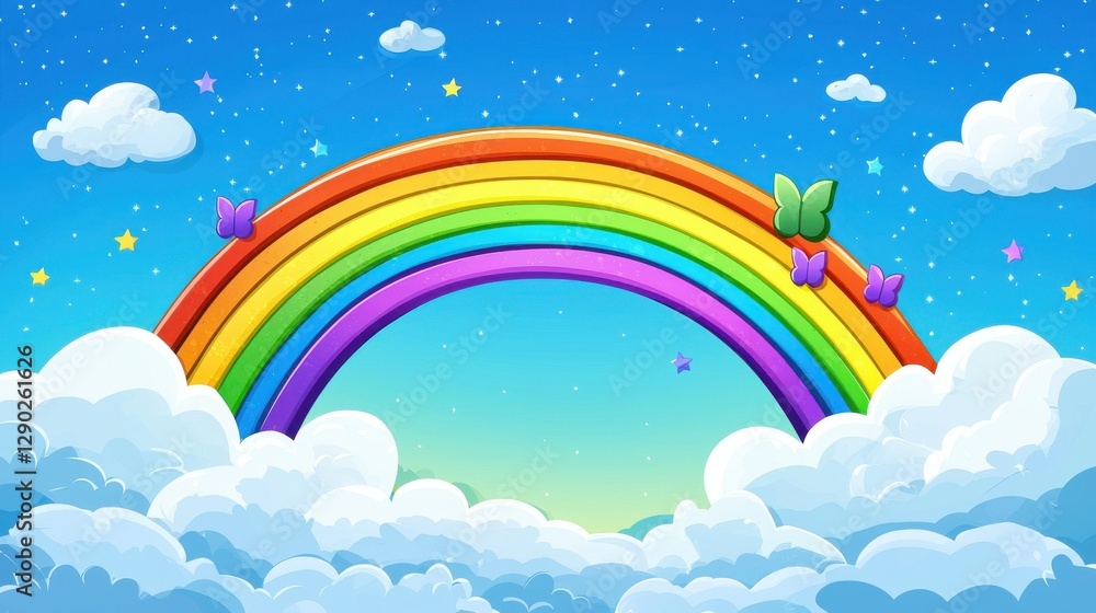 Colorful Rainbow with Butterflies and Clouds Under Bright Sky Colorful Rainbow with Butterflies and Clouds Under Bright Sky