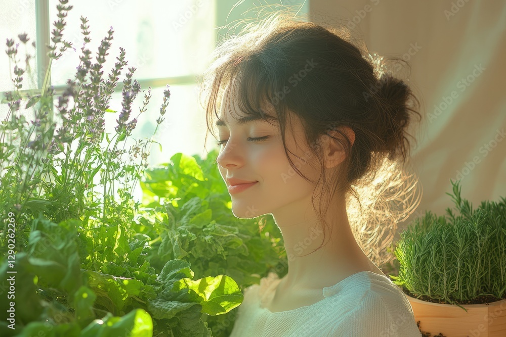 A young woman with eyes closed, enjoying the scent of fresh herbs in a sunlit room. A young woman with eyes closed, enjoying the scent of fresh herbs in a sunlit room.