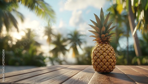 Tropical pineapple on wooden deck, sunrise background photo