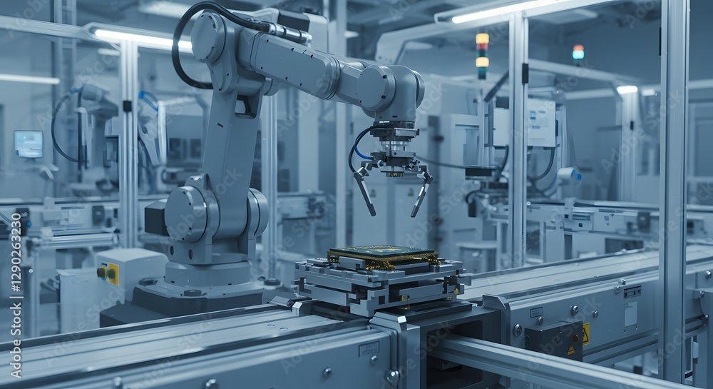 Robotic Arm Handling Computer Chip on Assembly Line in Modern Factory Robotic Arm Handling Computer Chip on Assembly Line in Modern Factory