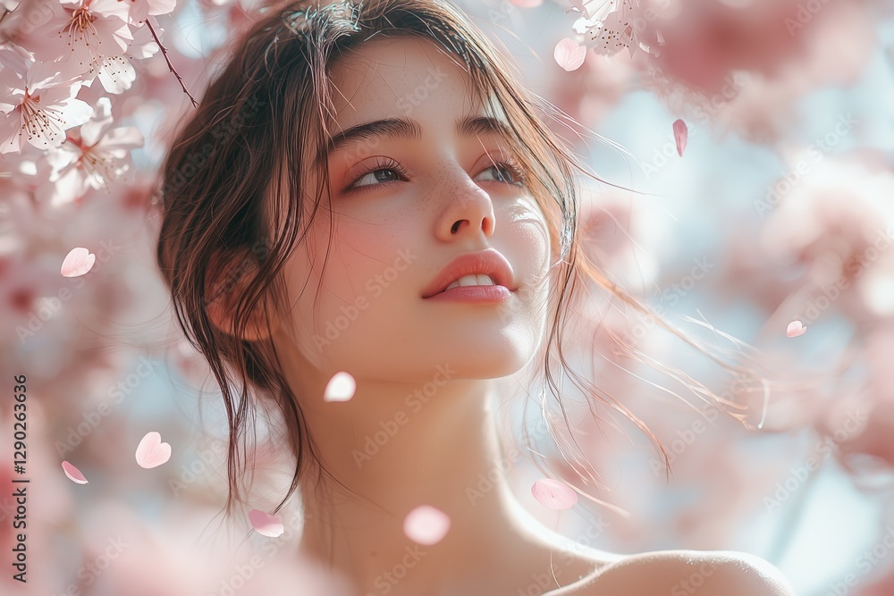 Fototapeta premium A woman standing under a canopy of cherry blossoms, the pink petals drifting in the air around her