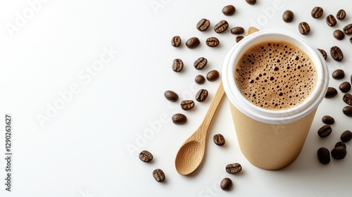 Disposable coffee cup with coffee and beans on white background