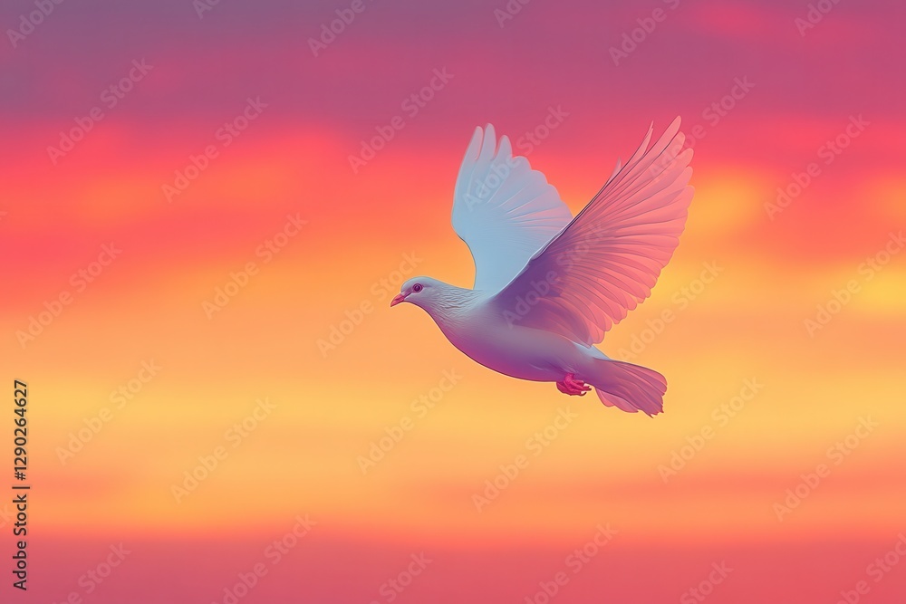 Fototapeta premium White dove in flight against a vibrant sunset. Perfect for peace, hope, and freedom themes.