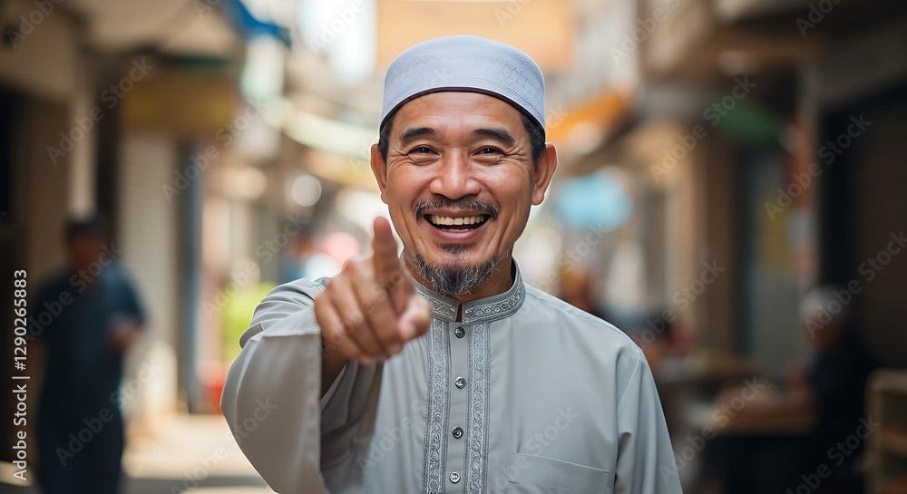 Smiling Asian Muslim Man Pointing Finger in Street Scene Portrait Smiling Asian Muslim Man Pointing Finger in Street Scene Portrait