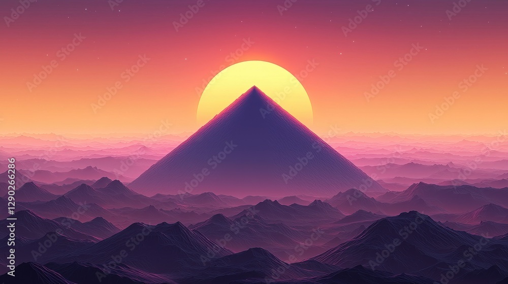 Fototapeta premium Vibrant Sunset Over Majestic Pyramid Surrounded by Mountain Range